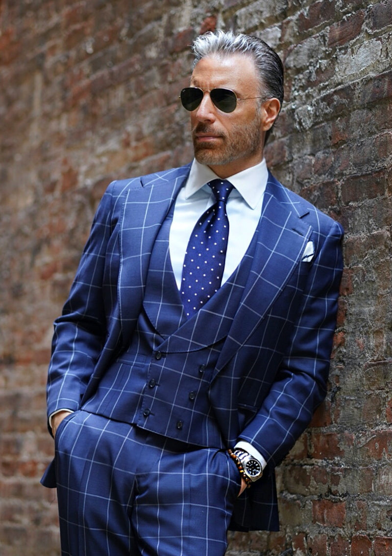 Navy Blue & Light Grey Windowpane Suit