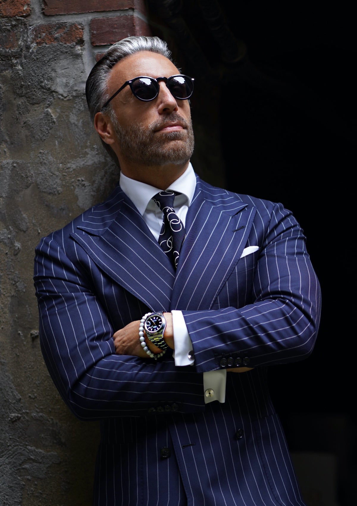 Pinstripe navy suit discount